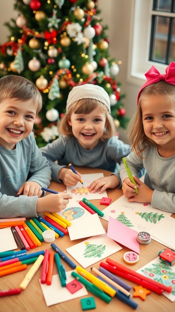 Three kids crafting Christmas cards at a table with colorful supplies and a Christmas tree in the background.
